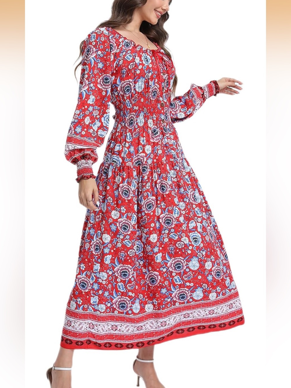 Red Floral Boho Maxi Dress - Smocked Waist & Long Sleeves
